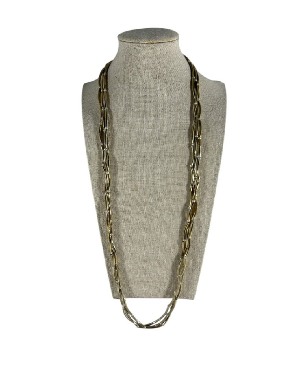 Gold Tone Multi Strand Necklace Faux Pearl Beads Long Layered Chain Elegant